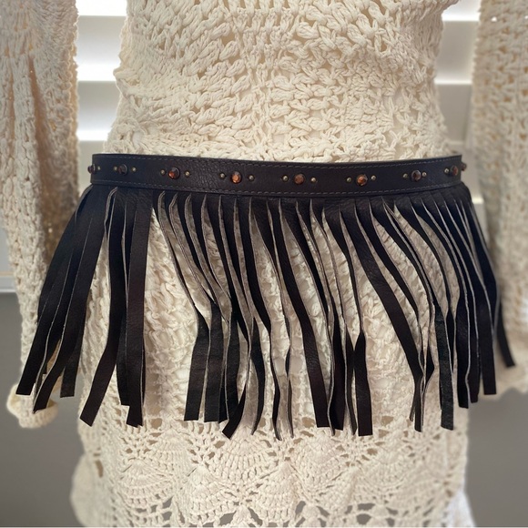 Vintage BOHO amber rhinestone studded Leather Fringe Waist Wrap statement belt - Picture 5 of 11